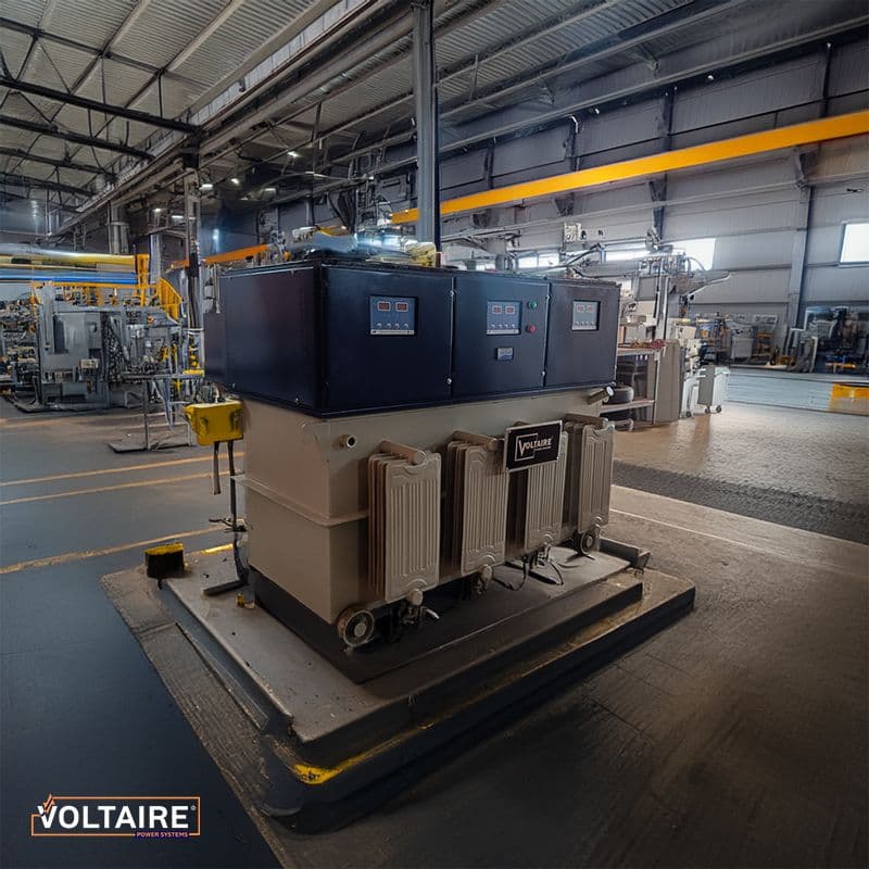Oil-cooled servo voltage stabilizer at Voltaire Power Systems manufacturing facility